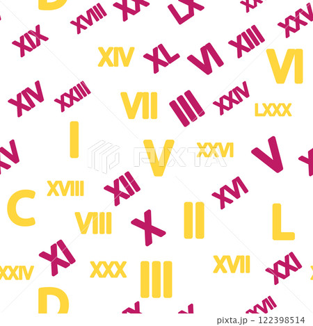 Seamless pattern with Roman numerals. Ten, twenty, thirty, forty, fifty, sixty, seventy, eighty, ninety. Algebra and geometry, calculations Seamless pattern with Roman numerals. Ten, twenty, thirty, forty, fifty, sixty, seventy, eighty, ninety. Algebra and geometry, calculations 122398514