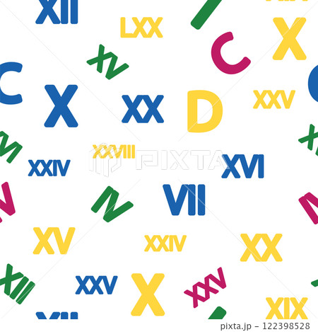 Seamless pattern with Roman numerals. Ten, twenty, thirty, forty, fifty, sixty, seventy, eighty, ninety. Algebra and geometry, calculations 122398528