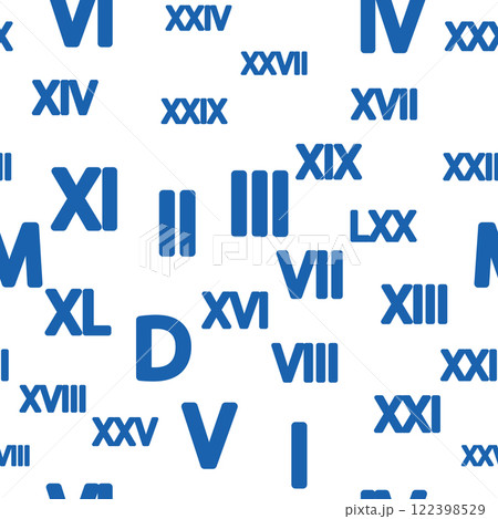 Seamless pattern with Roman numerals. Ten, twenty, thirty, forty, fifty, sixty, seventy, eighty, ninety. Algebra and geometry, calculations 122398529