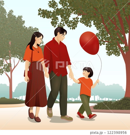 A heartwarming vector illustration of a family enjoying a peaceful walk in the park. The mother, father, and their young child are dressed in coordinated warm tones, holding hands as they stroll A heartwarming vector illustration of a family enjoying a peaceful walk in the park. The mother, father, and their young child are dressed in coordinated warm tones, holding hands as they stroll 122398956