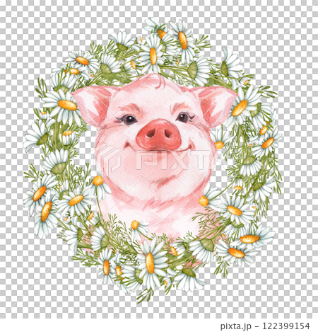 Cute watercolor piglet with daisy flowers, hand painted animal illustration. 122399154