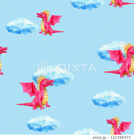 Seamless pattern with pink dragon with yellow horns and clouds. Watercolor illustration on blue background. For wrapping paper, textile, packaging Seamless pattern with pink dragon with yellow horns and clouds. Watercolor illustration on blue background. For wrapping paper, textile, packaging 122399373
