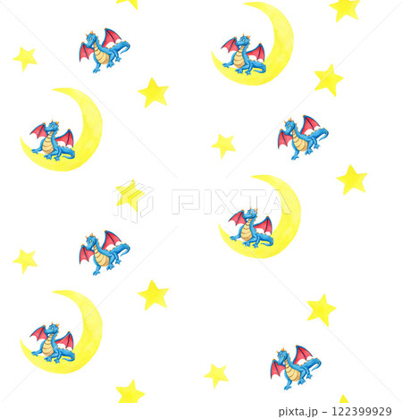Seamless pattern with yellow moon and stars and blue dragon. Watercolor illustration on white background. For wrapping paper, textile, wallpaper 122399929