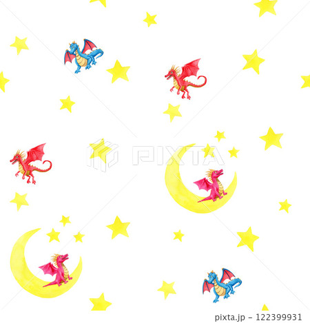 Seamless pattern with yellow moon, stars, blue and red dragon. Watercolor illustration on white background. For wrapping paper, textile, wallpaper Seamless pattern with yellow moon, stars, blue and red dragon. Watercolor illustration on white background. For wrapping paper, textile, wallpaper 122399931