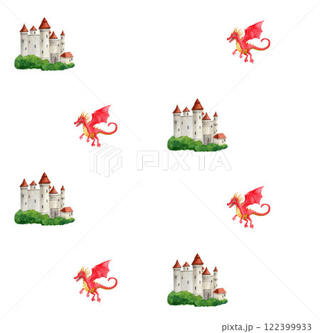 Seamless pattern with stone castle and red flying dragon. Watercolor illustration on white background. For wrapping paper, textile, wallpaper, design Seamless pattern with stone castle and red flying dragon. Watercolor illustration on white background. For wrapping paper, textile, wallpaper, design 122399933