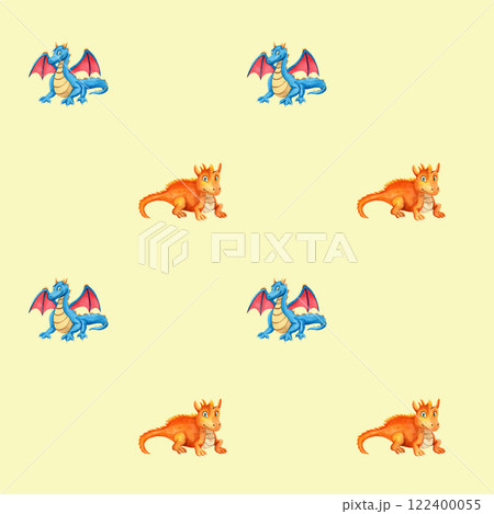 Seamless pattern with orange and blue dragon. Watercolor illustration on beige background. For wrapping paper, textile, wallpaper, design, cards Seamless pattern with orange and blue dragon. Watercolor illustration on beige background. For wrapping paper, textile, wallpaper, design, cards 122400055