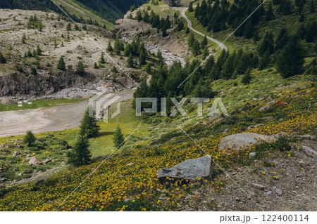 A scenic view of rolling green hills and distant mountains in the Alps Mountains A scenic view of rolling green hills and distant mountains in the Alps Mountains 122400114
