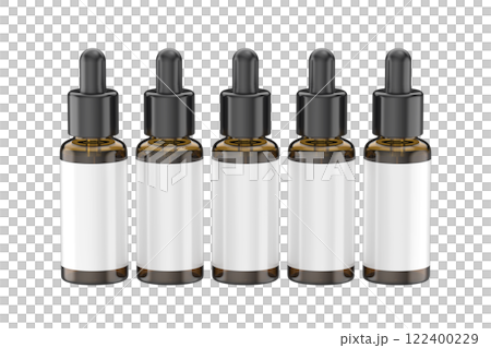 Row of brown glass dropper bottles with white blank labels Row of brown glass dropper bottles with white blank labels 122400229