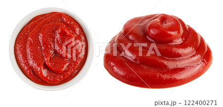 Red tomato sauce or ketchup in ceramic bowl isolated on white background . Top view. Flat lay Red tomato sauce or ketchup in ceramic bowl isolated on white background . Top view. Flat lay 122400271