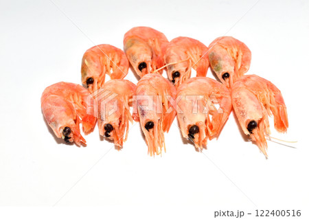 Fresh cooked shrimp isolated on white background. Seafood. 122400516