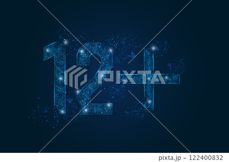 Abstract isolated blue image of 12 plus only censored. Polygonal low poly wireframe illustration looks like stars in the black night sky in space or flying glass shards. 122400832