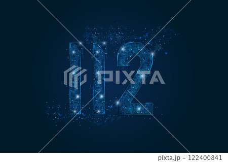 Abstract isolated blue image of 112 emergency icon. Polygonal low poly wireframe illustration looks like stars in the black night sky in space or flying glass shards. Digital web, internet design. 122400841