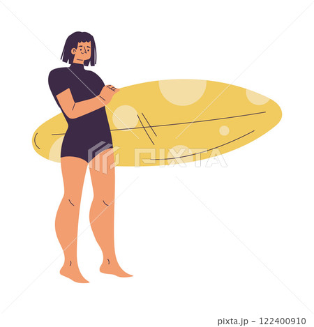 Woman Surfer Character with Surfboard Standing Vector Illustration 122400910