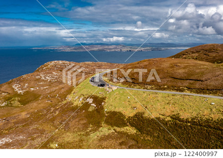 Aerial view of the viepoint of the cliffs of Horn Head at the wild atlantic way in Donegal - Ireland. Aerial view of the viepoint of the cliffs of Horn Head at the wild atlantic way in Donegal - Ireland. 122400997