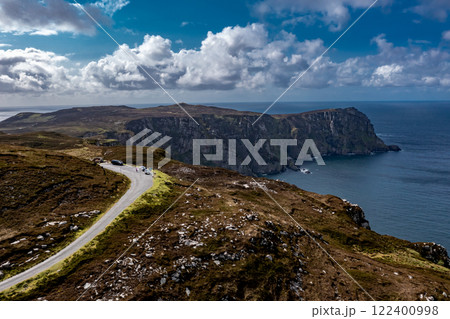 Aerial view of the viepoint of the cliffs of Horn Head at the wild atlantic way in Donegal - Ireland. Aerial view of the viepoint of the cliffs of Horn Head at the wild atlantic way in Donegal - Ireland. 122400998