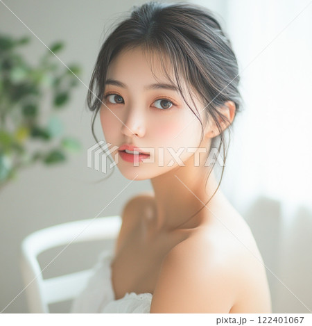 ビューティー_窓辺の白い椅子に座る女性_2 122401067