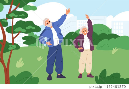 Active elderly couple. Senior people exercising in city park. Athletic grandparents. Qigong gymnastics outdoor. Grandma and grandpa training together in nature. Garish vector concept 122401270