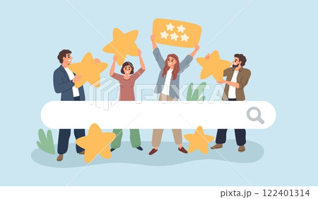People leave reviews. Online feedback. Tiny men or women with large ranking stars. Search bar with magnifying glass. Looking information. Satisfaction ranking. Garish vector background 122401314