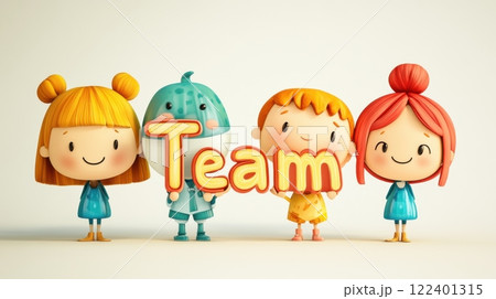 Cartoon characters holding the word 'Team' with cheerful expressions 122401315