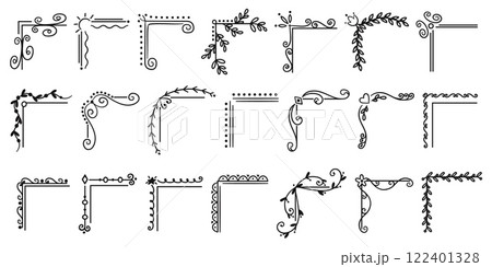 Vintage corners. Vintage books decorative elements. Floral retro design. Elegant old borders. Linear embellishment frame. Graphic flourish. Calligraphy line scrolls. Recent vector set 122401328