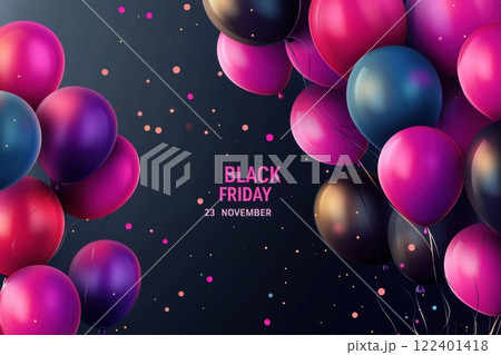 Vibrant Black Friday sale banner featuring colorful balloons 122401418