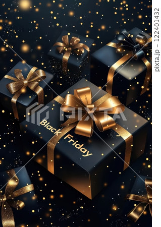 Elegant black and gold gift boxes for Black Friday celebration 122401432