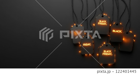 Black Friday sale concept with glowing tags on dark background Black Friday sale concept with glowing tags on dark background 122401445