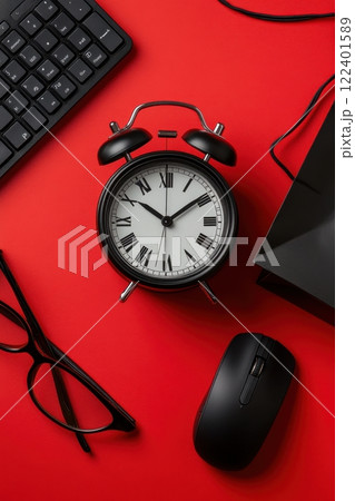 Black alarm clock with computer keyboard and mouse on red background 122401589
