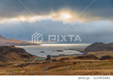 Autumnal landscape at Beached whalers Hvalfjordur on the west coast of Iceland 122401662