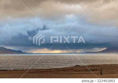Autumnal landscape at Beached whalers Hvalfjordur on the west coast of Iceland 122401663