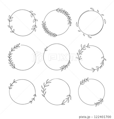 Collections of simple, small, botanical wreaths in a variety of circular shapes with leaf accents. Collections of simple, small, botanical wreaths in a variety of circular shapes with leaf accents. 122401700