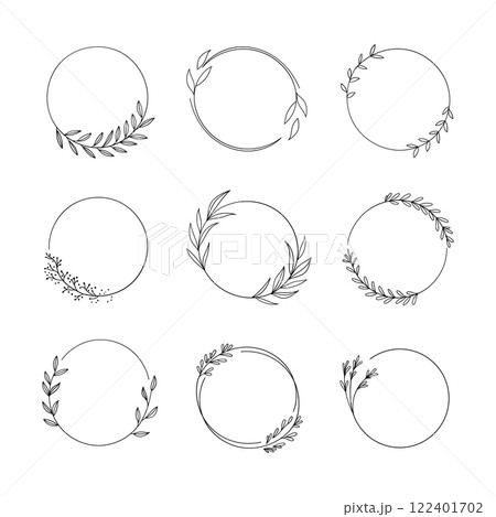 Collections of simple, small, botanical wreaths in a variety of circular shapes with leaf accents. 122401702