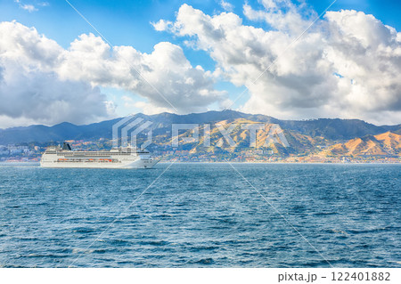 Amazing view on cruise ship in Strait of Messina and Sicily conecting Villa San Giovanni and Messina 122401882