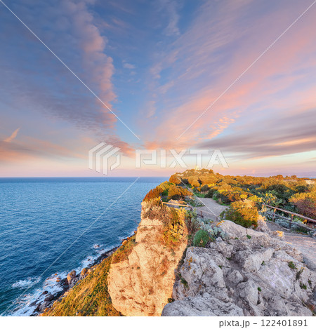 Awesome spring view on the the cape Milazzo panorama of nature reserve. 122401891