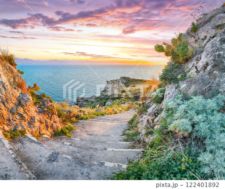 Breathtaking spring view on the the cape Milazzo panorama of nature reserve. 122401892