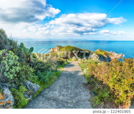 Scenic spring view on the the cape Milazzo panorama of nature reserve Piscina di Venere. 122401905
