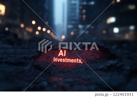 A glowing red 'AI Investments' sign emerges from beneath cracked asphalt in a dystopian cityscape, representing the downfall, hidden dangers, and long-term consequences of artificial intelligence in 122401931