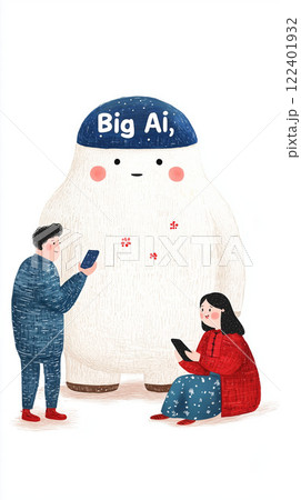 A whimsical digital illustration portrays two people interacting with a large, friendly AI character labeled 'Big AI,' symbolizing artificial intelligence, digital communication, and human-technology 122401932