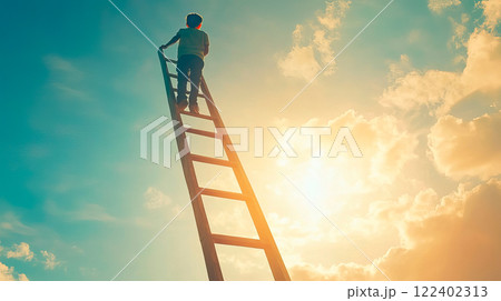 Successfull businessman reaching the top. Man climbing up a ladder Successfull businessman reaching the top. Man climbing up a ladder 122402313