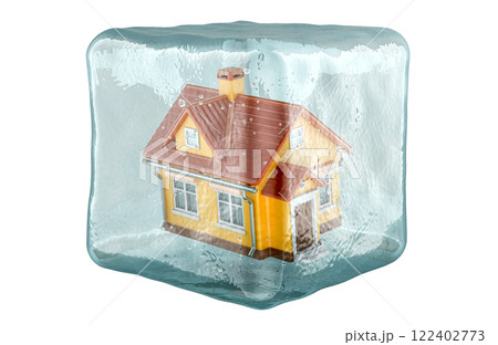 Home frozen in ice cube, 3D rendering 122402773