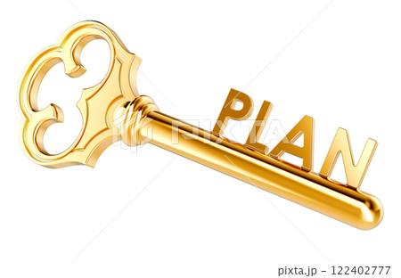 Plan concept with golden key, 3D rendering Plan concept with golden key, 3D rendering 122402777