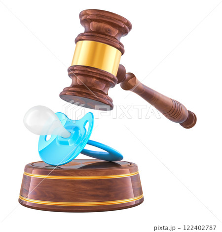 Wooden gavel with baby pacifier. Adoption, divorce of parents or custody child, concept. 3D rendering 122402787