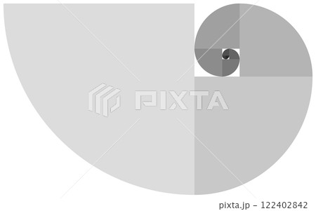 半径をフィボナッチ数列の比例倍率で設定した四分円の集団を灰色のグラデーションで色分けしたイラスト図形 122402842