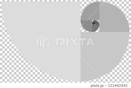 半径をフィボナッチ数列の比例倍率で設定した四分円の集団を灰色のグラデーションで色分けしたイラスト図形 122402842