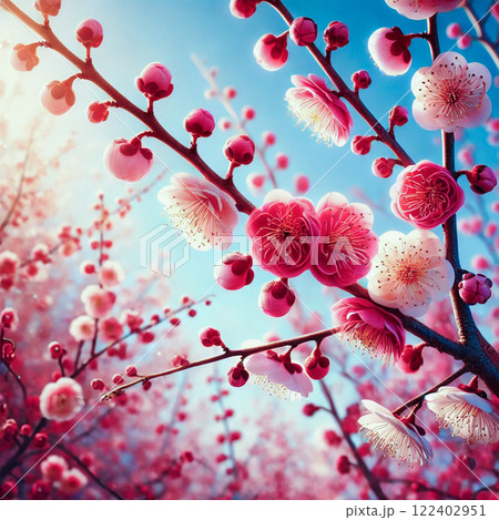 春の訪れを告げる美しい梅の花と青空 春の訪れを告げる美しい梅の花と青空 122402951