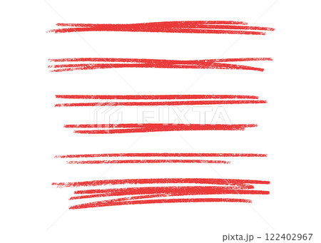 Crayon underline collection of red textured horizontal brushstrokes - rough, uneven lines with varying length and thickness. Grunge decorative elements with chalk effect for highlighting, marking text 122402967