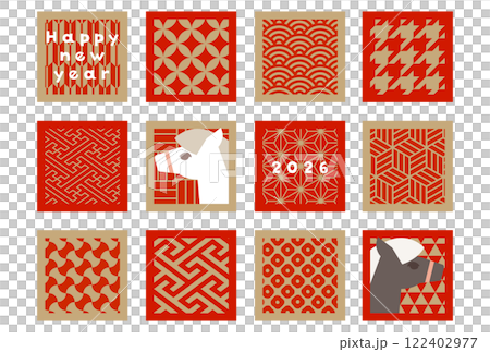 金 x 朱紅色 2026 新年賀卡向量插畫白馬豪華簡約華麗商務日式圖案 金 x 朱紅色 2026 新年賀卡向量插畫白馬豪華簡約華麗商務日式圖案 122402977