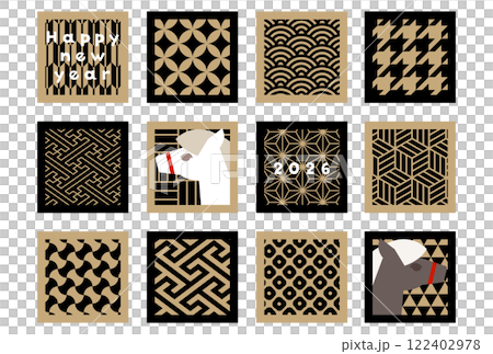Gold x black 2026 Year of the Horse New Year's card vector illustration Hakuba Luxury Simple Gorgeous Business Japanese pattern 122402978