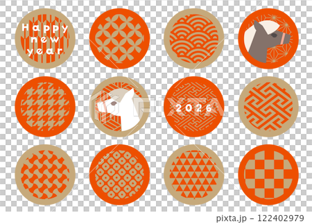 金 x 朱紅色 2026 新年賀卡向量插畫白馬豪華簡約華麗商務日式圖案 122402979