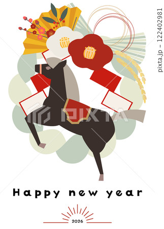 縦型午年年賀状ベクターイラスト 和風 和柄 かわいい シンプル 黒馬 2026年 縦型午年年賀状ベクターイラスト 和風 和柄 かわいい シンプル 黒馬 2026年 122402981